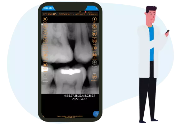 Dentist viewing an xray on a smartphone