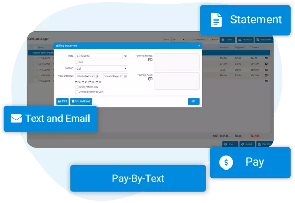 ThriveCloud Account showing payment buttons including test and email statements and Pay-By-Text