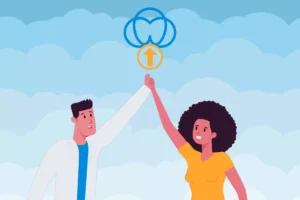 dentist and hygienist giving high-five after move to cloud-based dental software