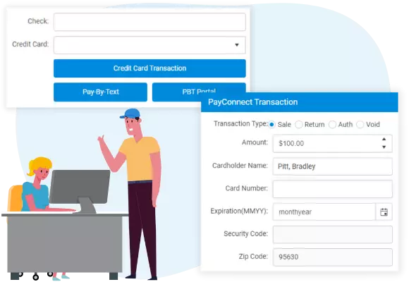 Patient making payment at time of service with merchant processing screenshots from ThriveCloud