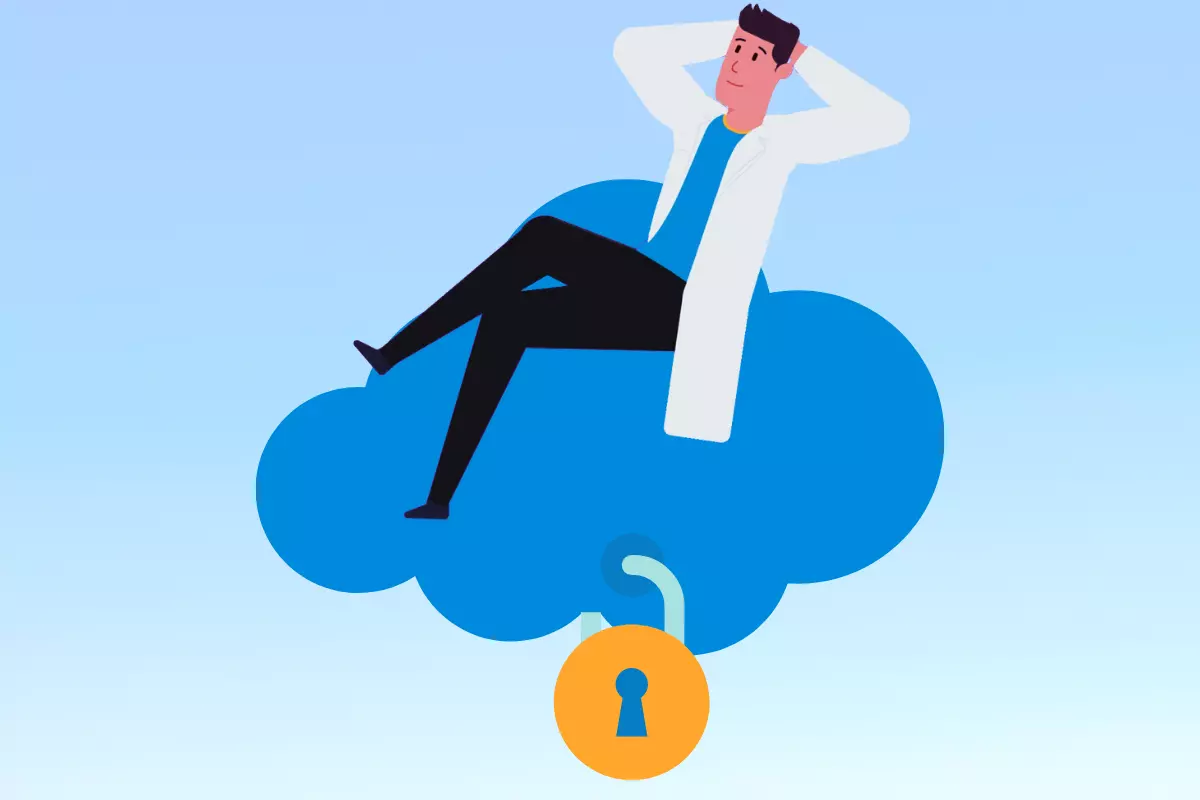 dentist on cloud with lock to represent cloud security