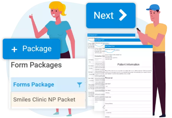 office manager creating forms packages with patient, multiple forms, and next button