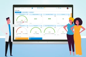 dentist pointing to analytics in morning huddle with assistant and hygienist watching
