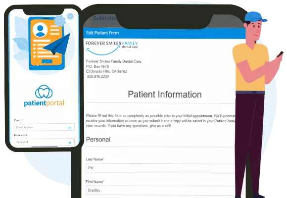ThriveCloud forms in patient portal with patient on cell phone
