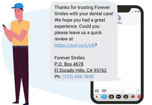 Patient with a cell phone receiving a text message that asks him to leave a review for his dentist
