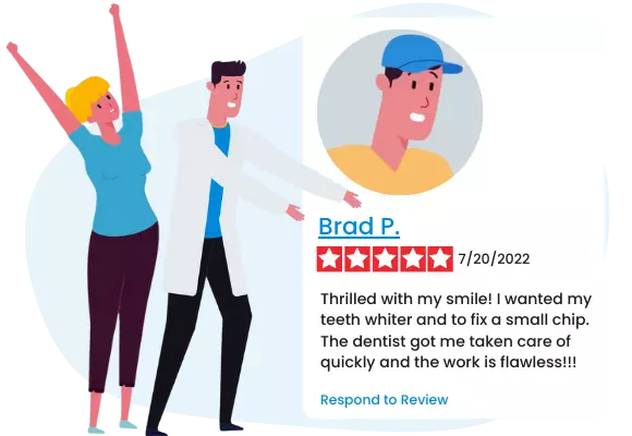Dentist and office manager celebrating a positive patient review in ThriveCloud Huddle