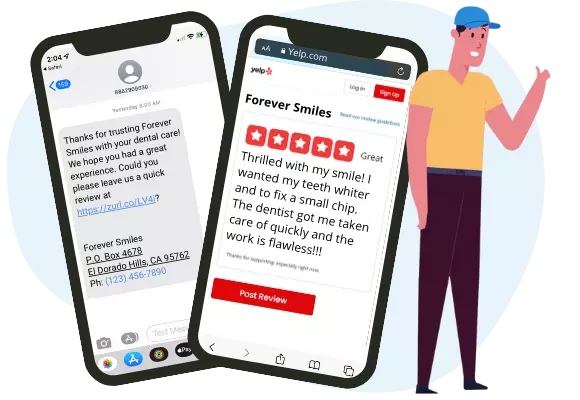 patient giving thumbs up with two iphone images - one showing text message review request, the other showing Yelp review submission page
