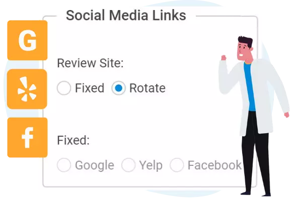 ThriveCloud screenshot showing option to rotate review sites or select Facebook, Yelp, or Google