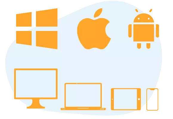 Any device, any operating system: logos for windows, apple, android, desktop, laptop, tablet, and phone