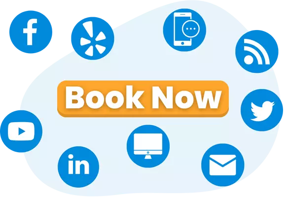 book now button with icons for facebook, yelp, text, twitter, email, website, linkedin, and youtube